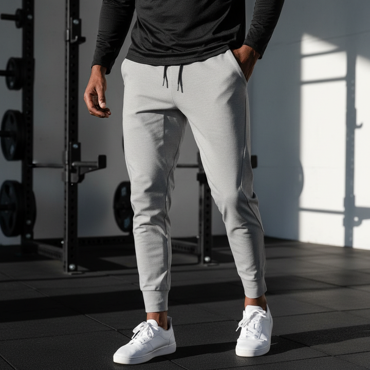 Gray men's workout joggers with elastic waist, perfect for athletic performance and exercise comfort.