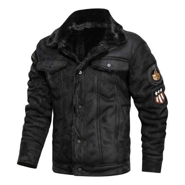 Warm men's thermal biker jacket in faux leather with soft faux fur lining and a detachable hood