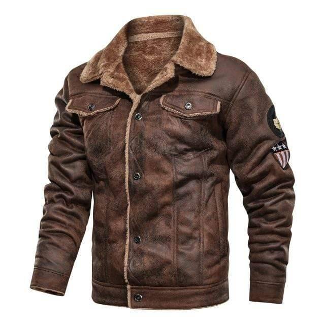 Outdoor men's winter coat: black faux leather biker jacket with cozy faux fur interior and removable hood