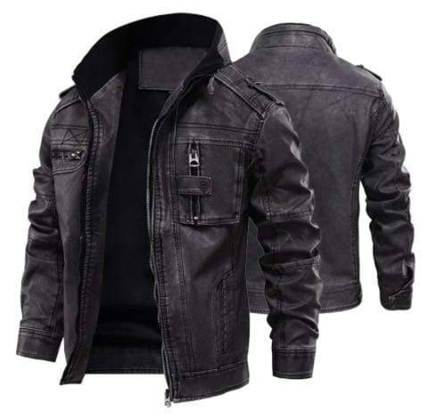 Men's black faux leather jacket with velvet collar, ideal for stylish winter outerwear.