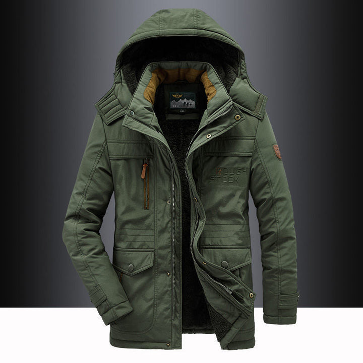 Men's black fleece-lined thigh-length hooded parka, ideal for extreme cold weather protection.