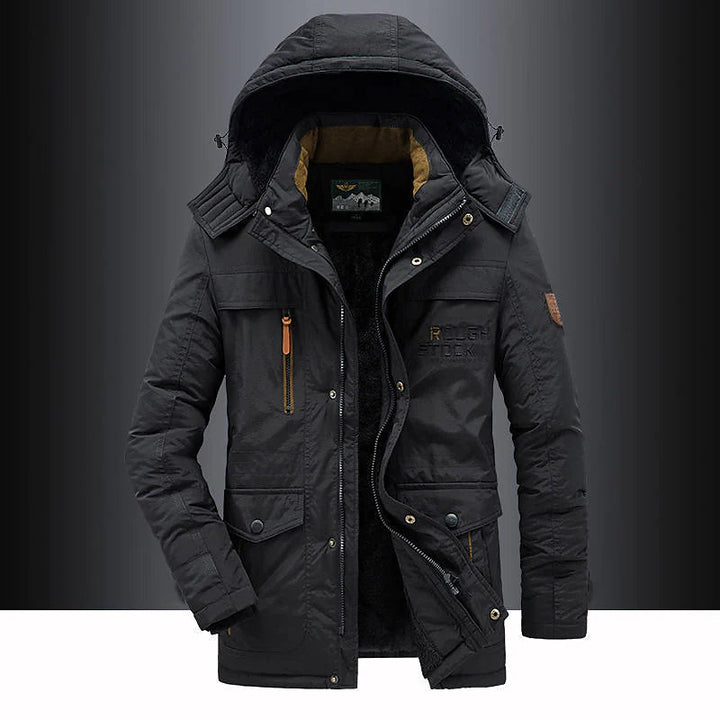 Insulated men's winter parka with cozy fleece lining & adjustable hood. Thigh-length for extra warmth.