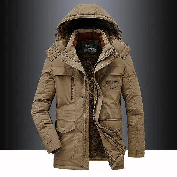 Stylish men's outerwear parka. Durable, water-resistant shell & soft fleece lining. Perfect for winter.