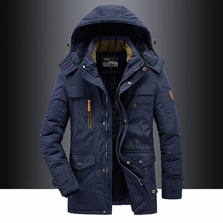 Men's cold weather parka, fleece-lined for warmth & comfort. Hooded, thigh-length winter coat for men.
