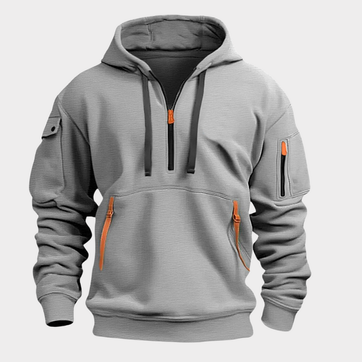 Men's black half-zip hoodie, Diego style, offering effortless comfort & urban style.