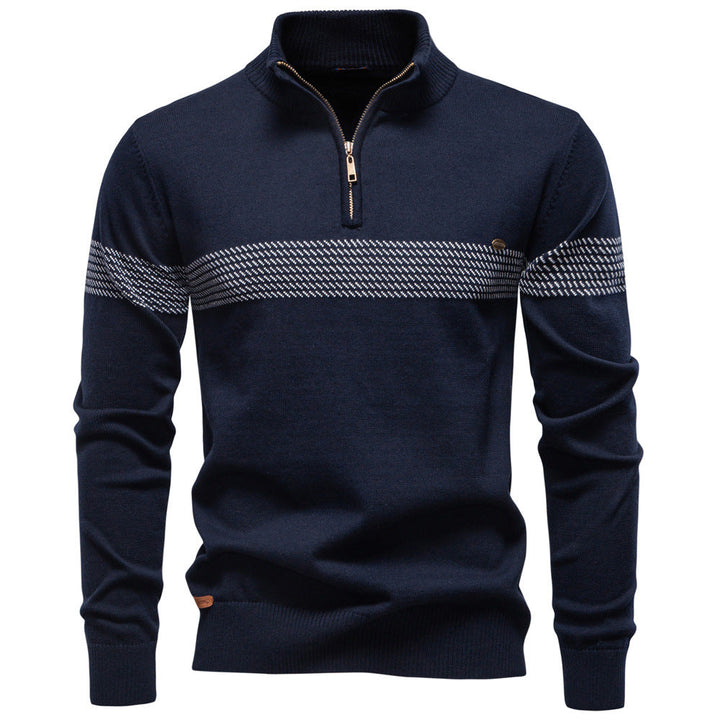 Versatile navy blue men's half-zip sweater pullover, featuring stylish striped cuffs for winter.