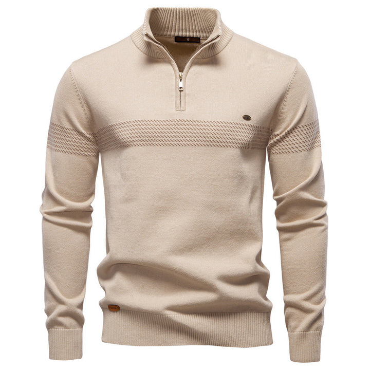 Apricot men's casual half-zip sweater with striped interior collar, ideal for fall & winter layering.