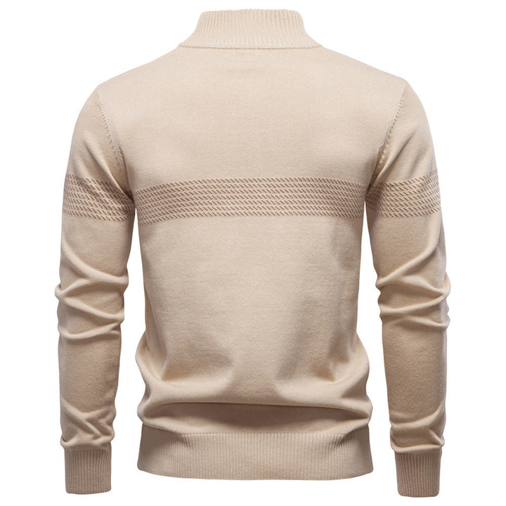 Classic navy blue men's striped half-zip sweater, a versatile fall and winter layering piece.