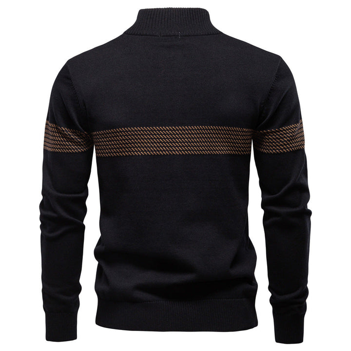 Casual men's apricot pullover sweater with half-zip closure and striped detailing for everyday wear.