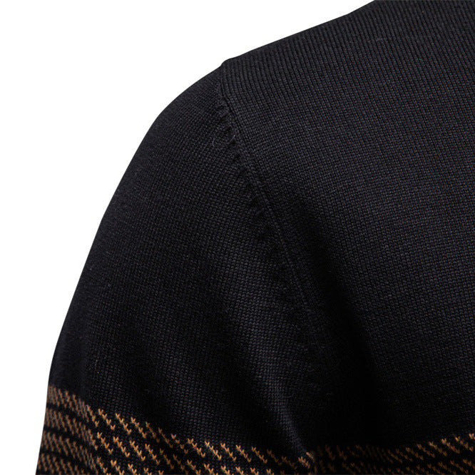 Men's smart casual black sweater, half-zip design with striped collar, great for fall layering.