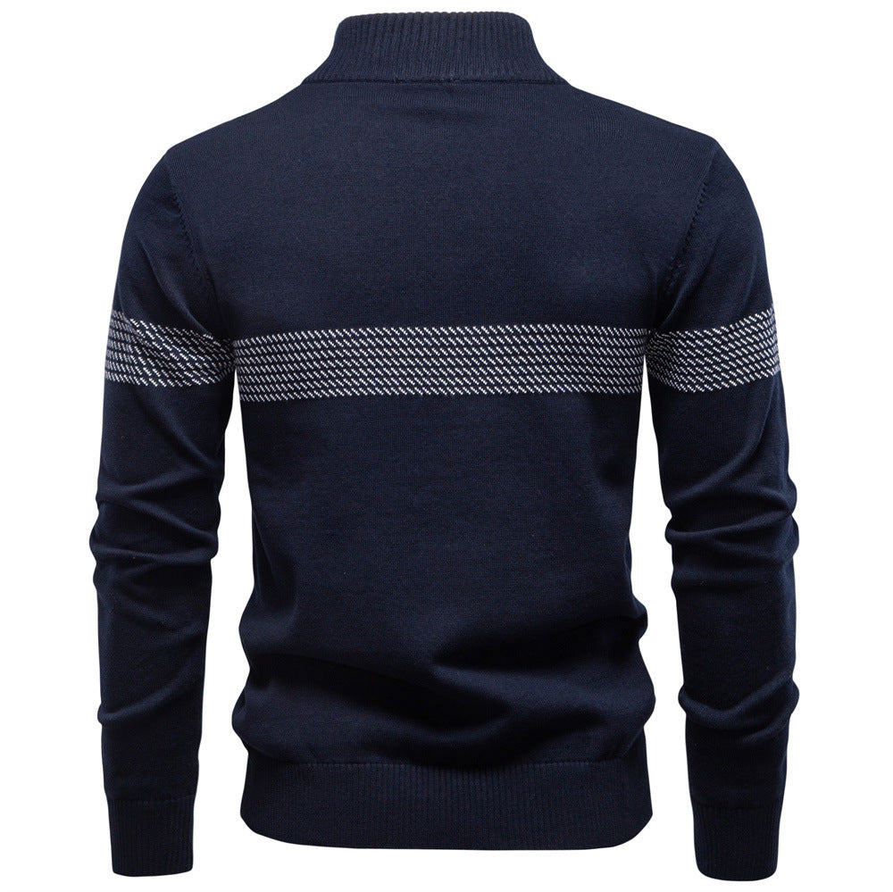 Apricot men's versatile half-zip sweater with elegant striped detail, perfect for casual outings.