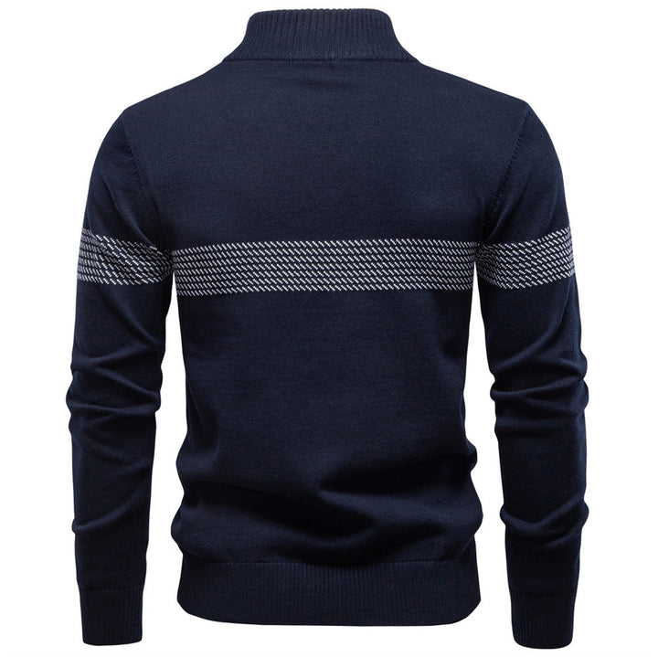 Apricot men's versatile half-zip sweater with elegant striped detail, perfect for casual outings.