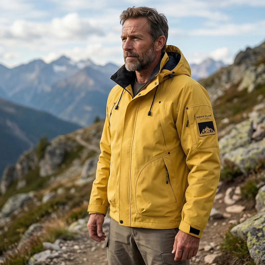 Men's black hooded softshell windbreaker jacket, full zip, lightweight & water repellent for outdoor activities.