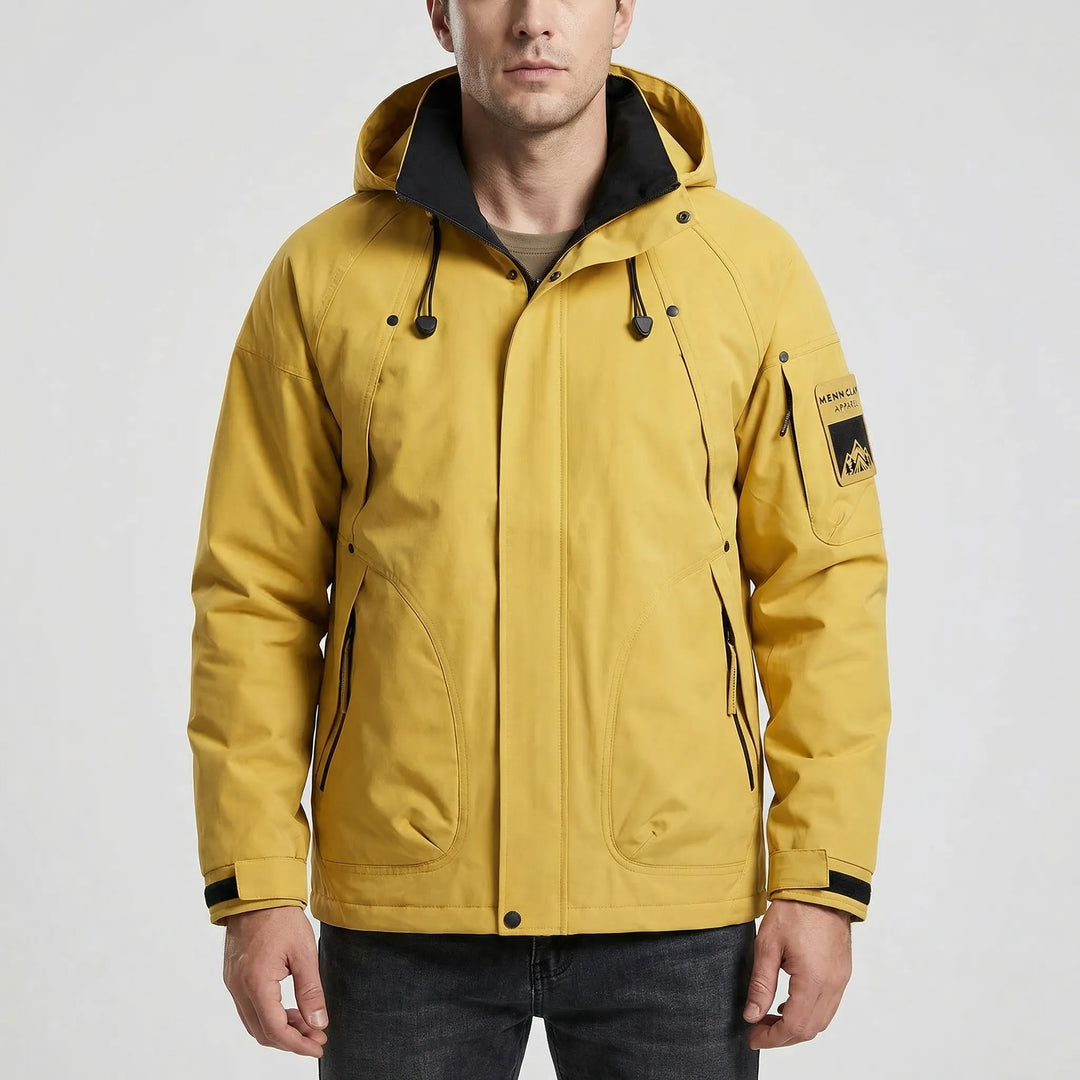 Lightweight men's softshell windbreaker jacket with hood, ideal for spring/fall hiking & outdoor adventures.