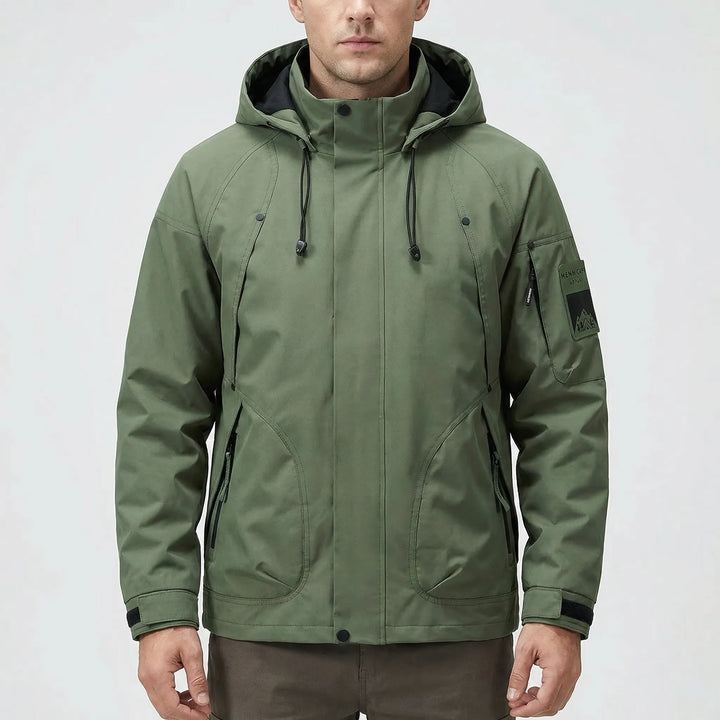 Versatile men's hooded softshell windbreaker jacket, lightweight & breathable for active outdoor use.