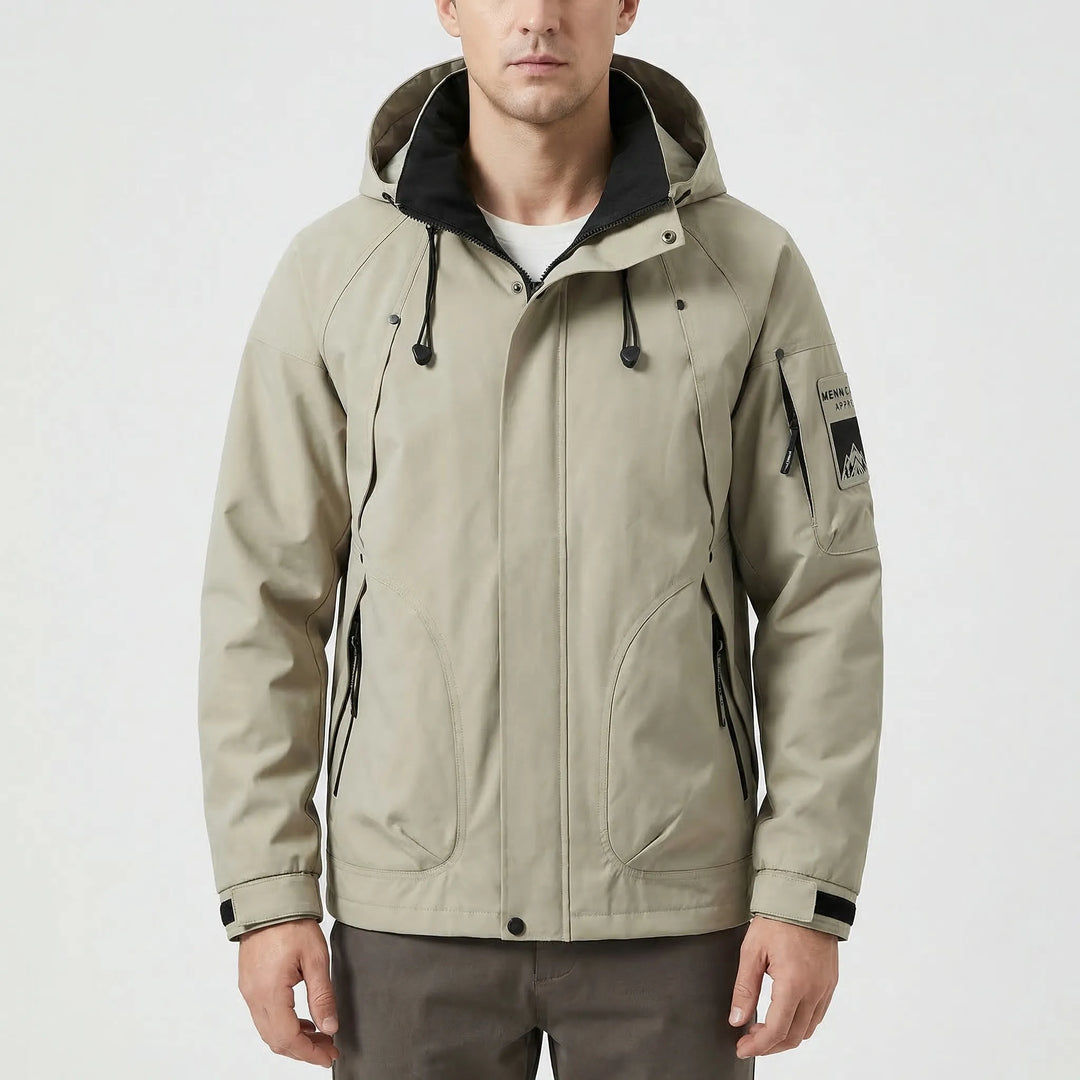 Comfortable men's zip-up hooded softshell jacket, windproof design for hiking, camping, and cool weather.