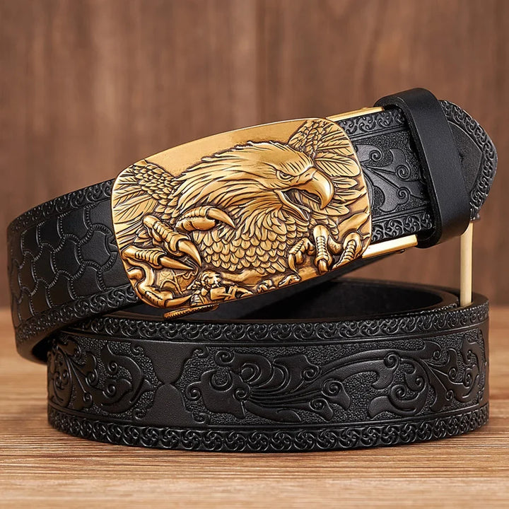 Stylish men's black split leather belt with a detailed eagle buckle, ideal for western fashion and everyday wear.