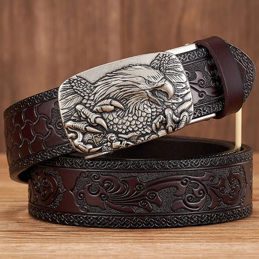 Men's coffee brown split leather belt featuring a bold eagle buckle, a unique western fashion accessory.
