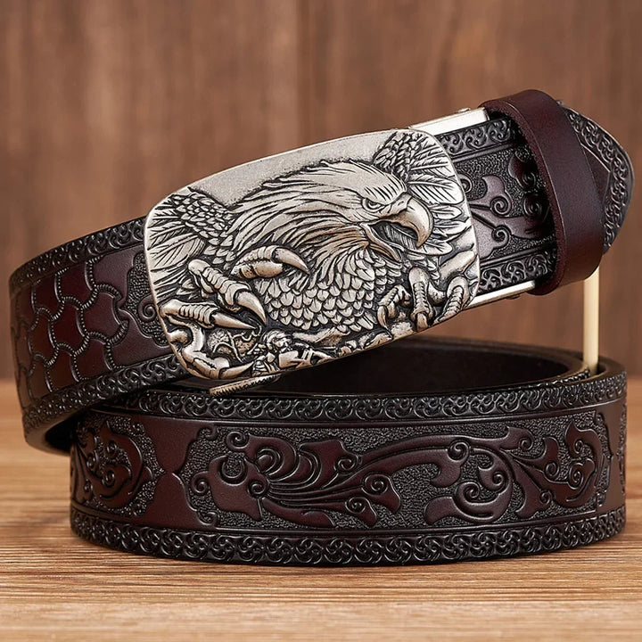 Men's coffee brown split leather belt featuring a bold eagle buckle, a unique western fashion accessory.