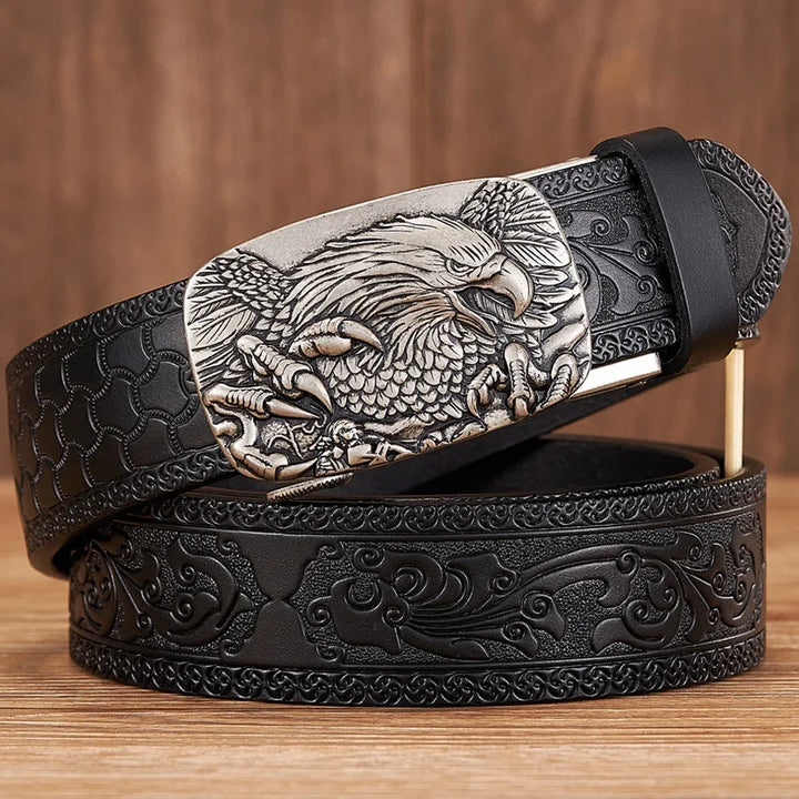 Durable men's leather belt with a distinctive eagle buckle, embodying a bold western style for daily fashion.