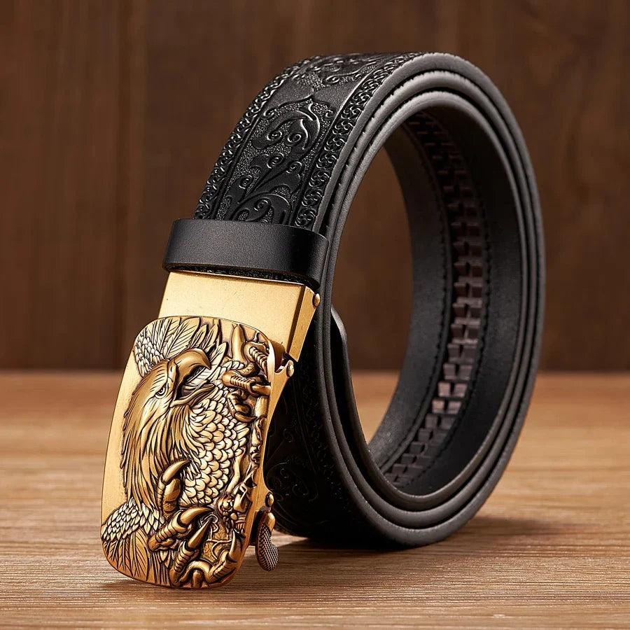 Bold men's western fashion accessory: a black split leather belt with a prominent eagle buckle.