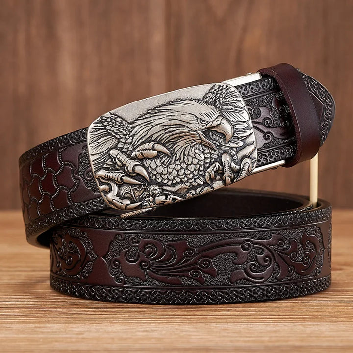 Coffee brown men's leather belt, featuring a strong eagle buckle for an authentic western look.