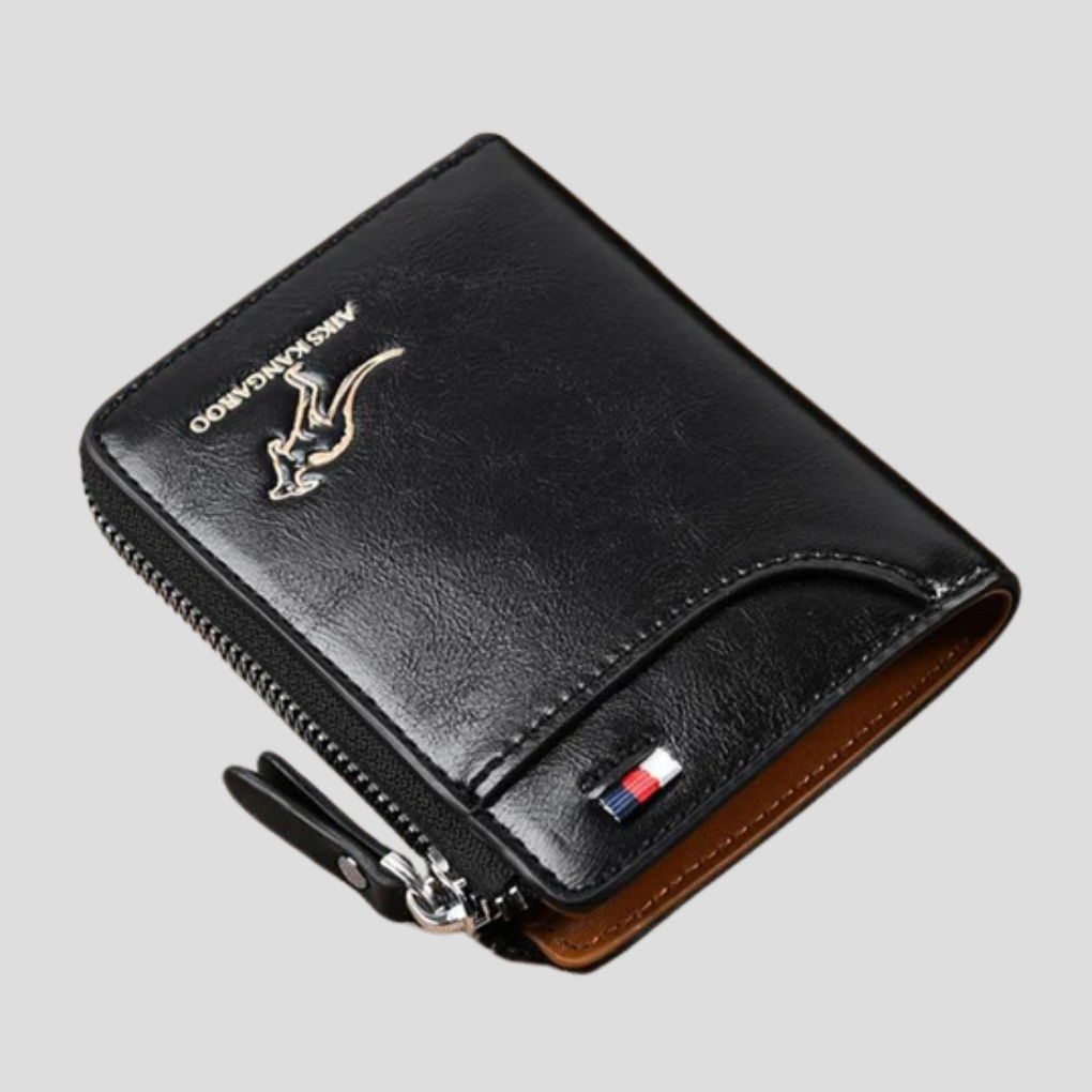 Men's black leather RFID blocking zip around bifold wallet, secure for cards & cash, everyday carry accessory.
