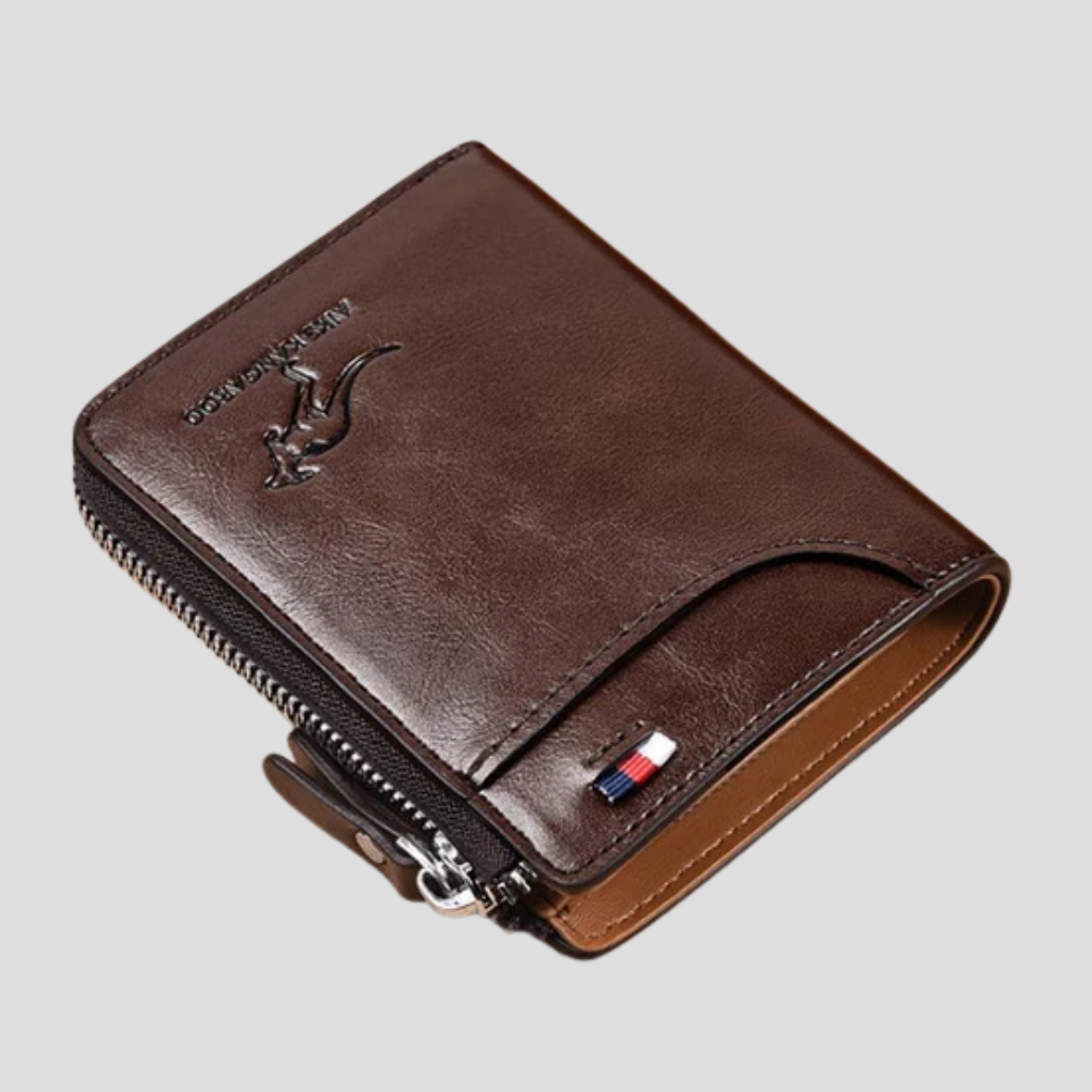 Secure men's RFID blocking bifold wallet with full zip closure, protecting IDs & credit cards from scanning.