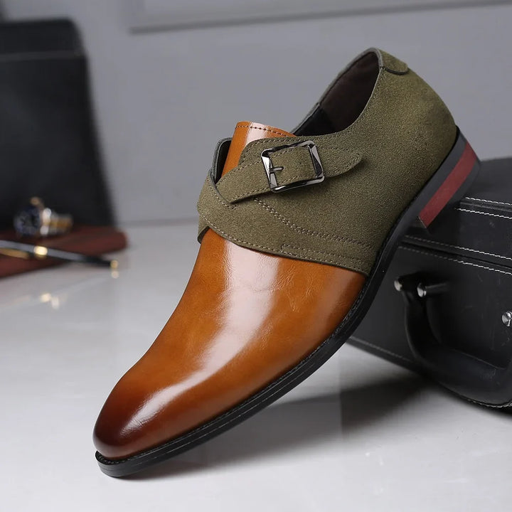 Polished black men's slip-on Derby shoes with buckles. Ideal for business wear & formal occasions.
