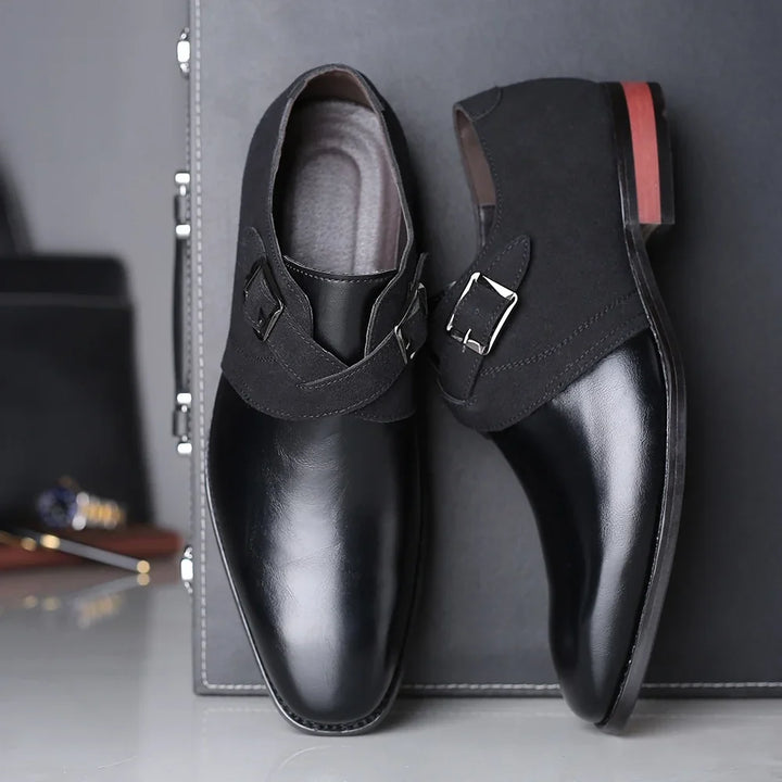 Men's slip-on Derby shoes with elegant buckles. Black formal & smart casual footwear, comfortable & polished.