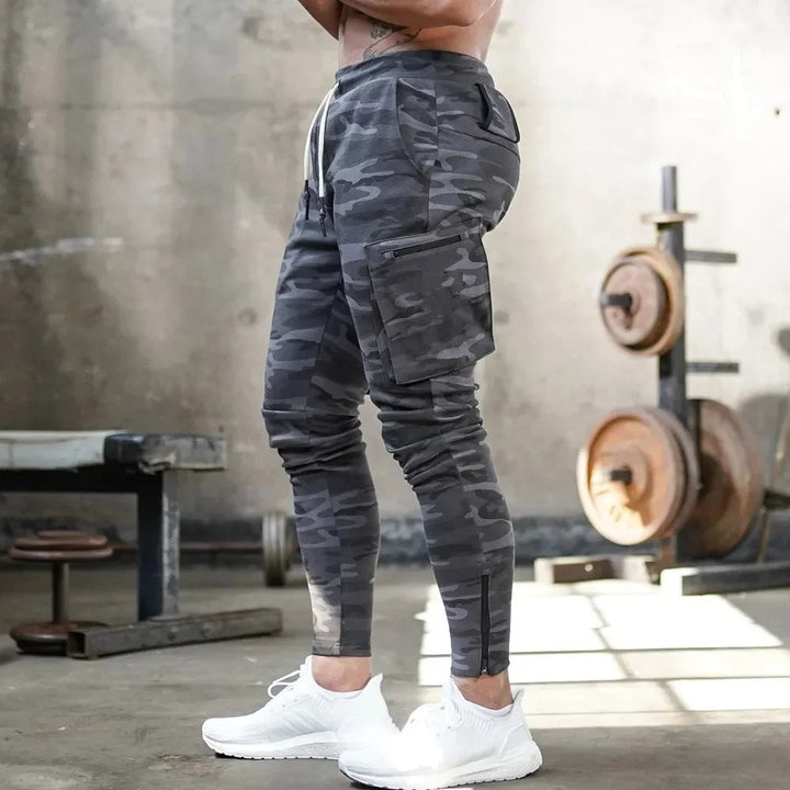 Breathable men's gym pants, tactical cargo style, sweat-wicking for high-intensity workouts.