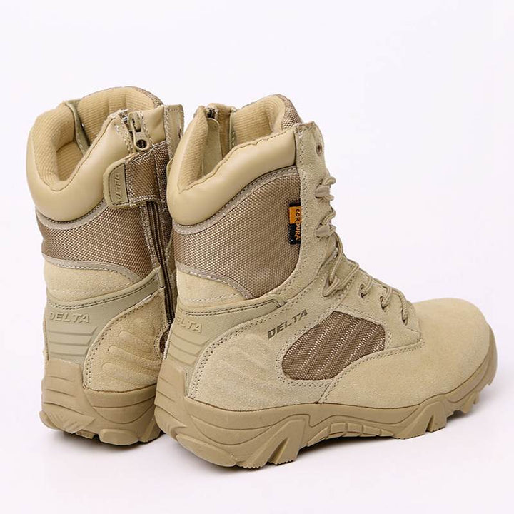 Close-up of the waterproof material on men's tactical boots, ensuring dry feet during outdoor activities