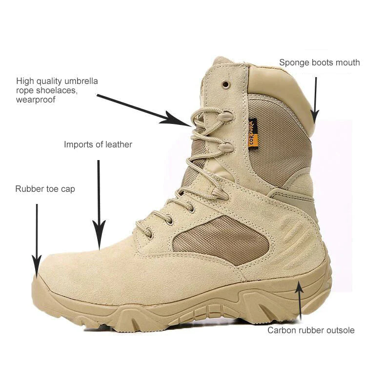 Two pairs of men's tactical combat boots, showing versatile design for military, hiking, and outdoor use