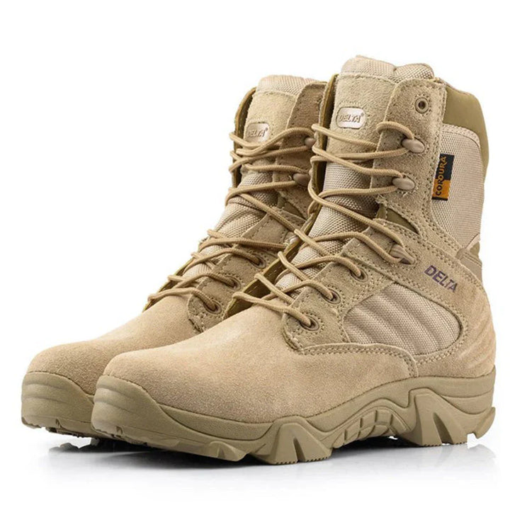 Close-up of men's leather tactical boots with strong laces, ideal for military or outdoor use