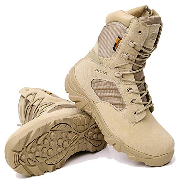Pair of black durable men's combat boots, designed for rugged outdoor and tactical environments