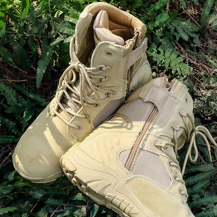 Side view of waterproof men's tactical boots, high-cut for ankle support during hiking