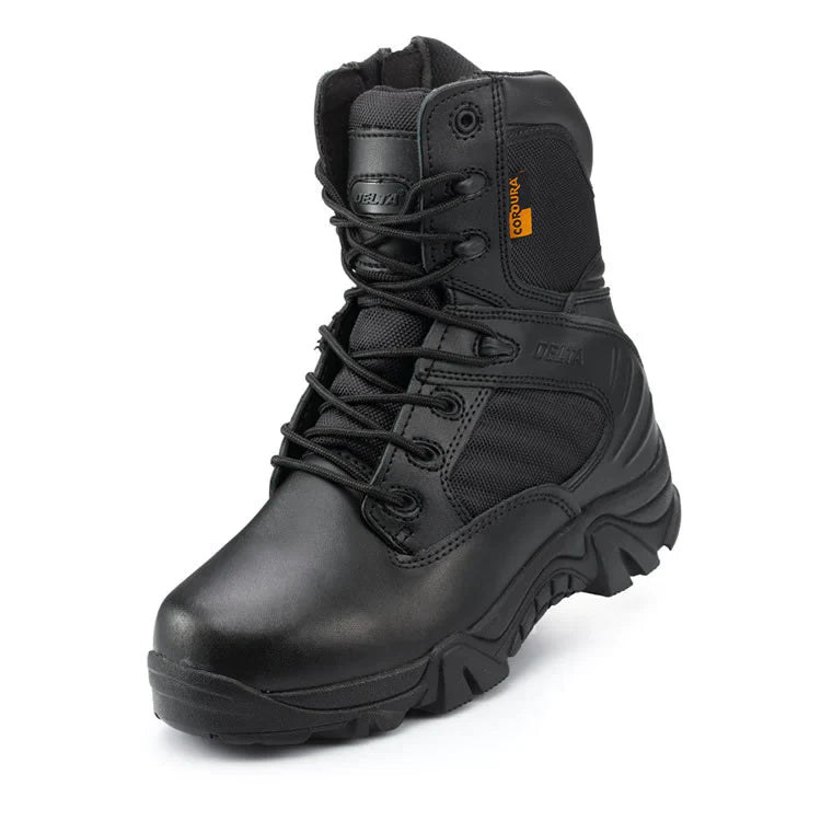 Top-down view of lace-up men's tactical boots, ready for adventure and heavy-duty wear