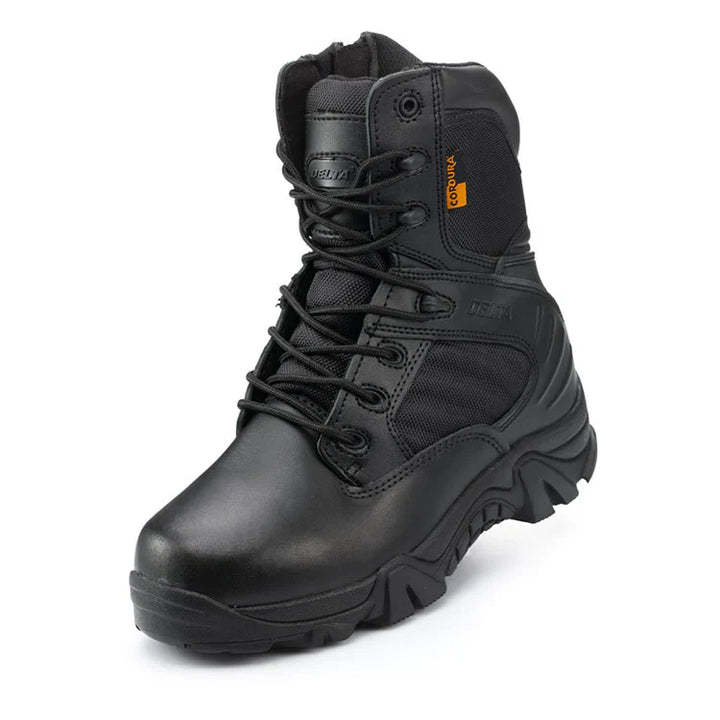 Top-down view of lace-up men's tactical boots, ready for adventure and heavy-duty wear