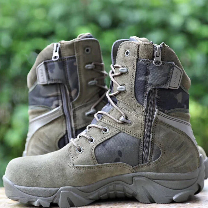 Detailed shot of the sole of a men's tactical boot, showcasing deep treads for grip on diverse terrain