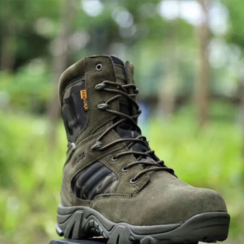Action shot of men's tactical boots worn during an outdoor hiking expedition in rugged terrain