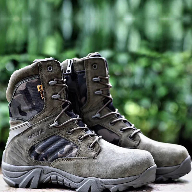 Front view of black leather combat boots for men, offering durability and protection for outdoor use
