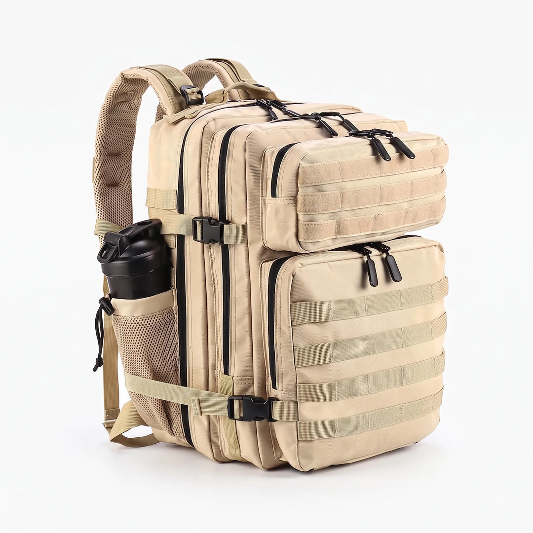 Front view of a rugged men's tactical backpack, ideal for hiking & camping. Features MOLLE webbing & multiple pockets.