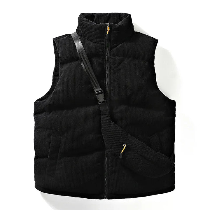 Warm men's insulated sleeveless alpine vest in gray, designed for cold weather, includes a matching utility crossbody bag.