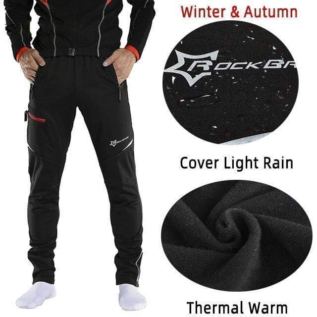Stack of men's cycling tactical pants in various colors (black, gray, blue), emphasizing waterproof and activewear features.
