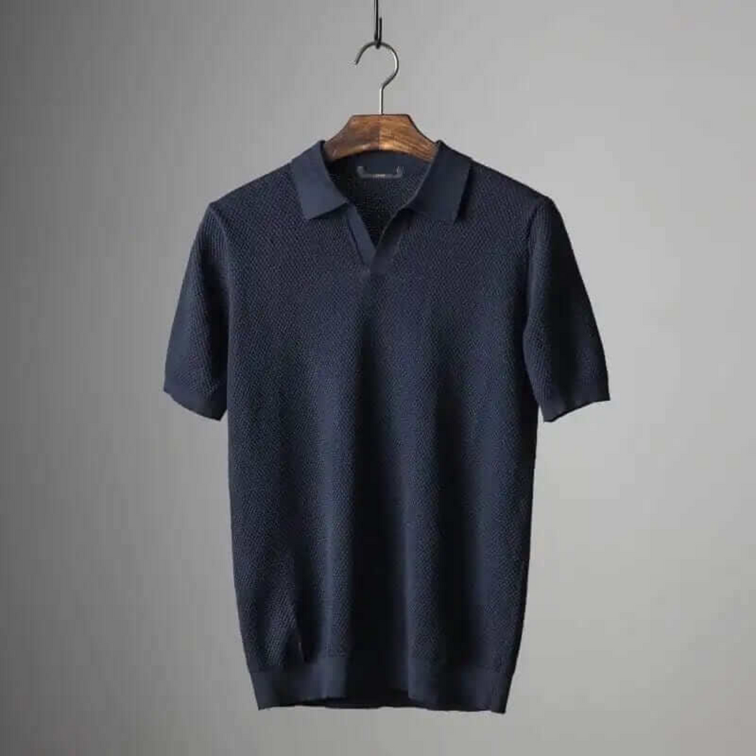Fall fashion men's waffle knit polo shirt, combining comfort with a modern, tailored fit.