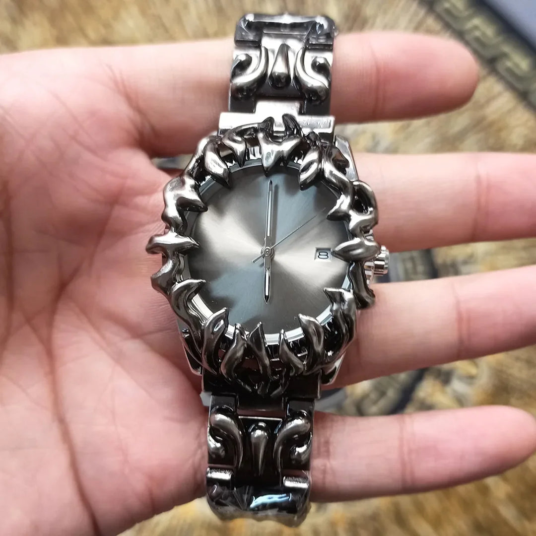 Sleek black men's flame steel watch. Bold design, sculpted bezel, and a durable, unique statement accessory for men.