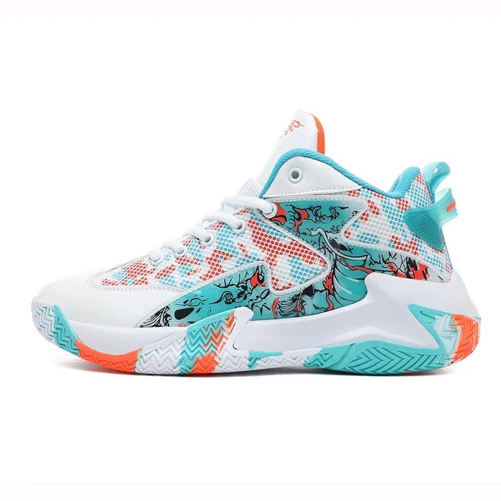 Men's bold graphic print high-top basketball shoes, offering superior court performance & ankle support.