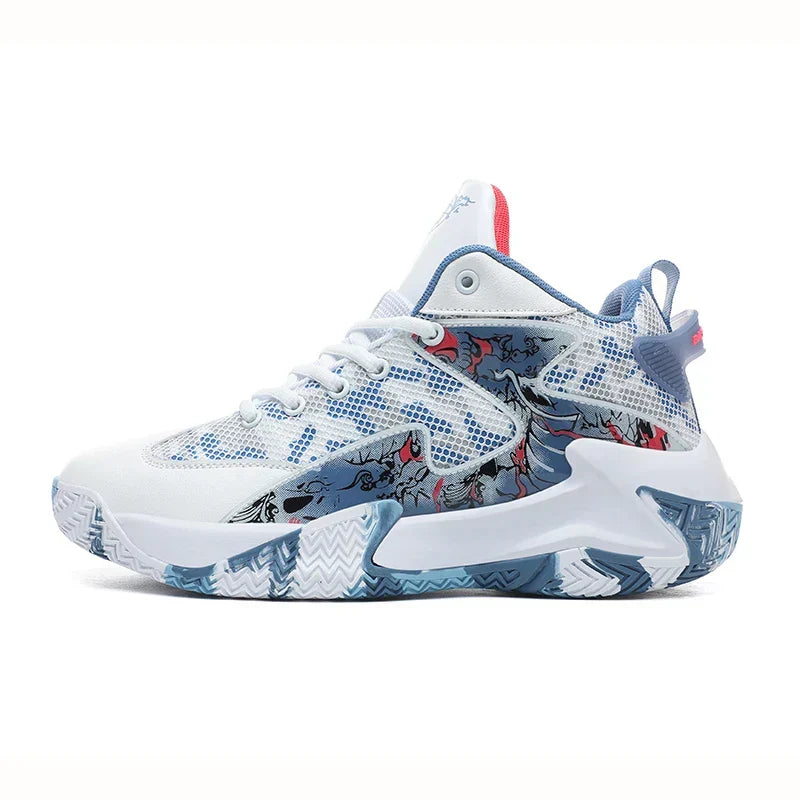 Men's athletic basketball shoes, graphic print, high-top for ankle support, and maximum court traction.