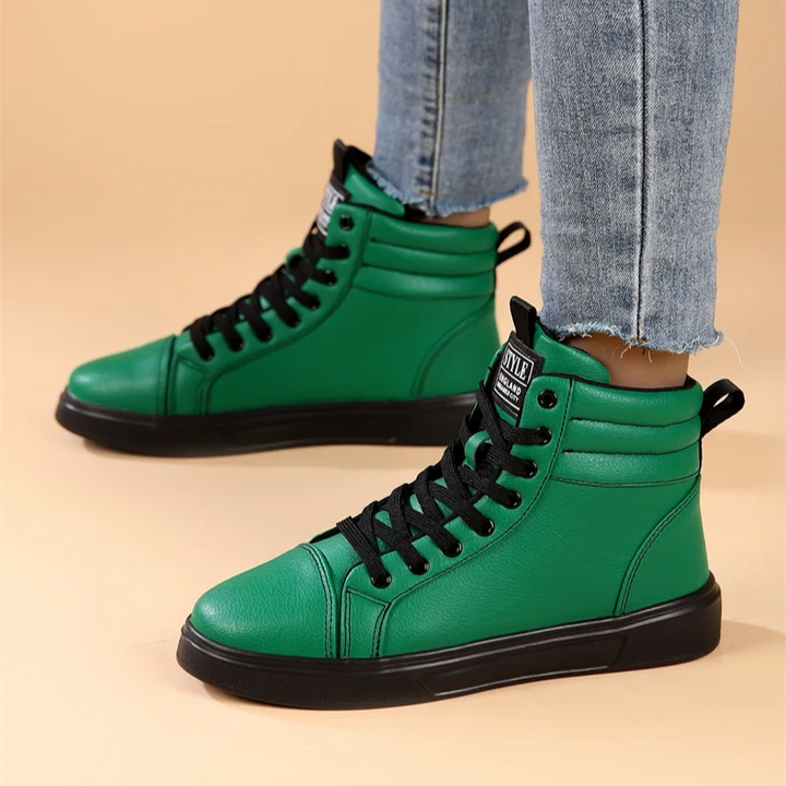 Statement men's high-top sneakers in bold colors, ideal for modern street style.