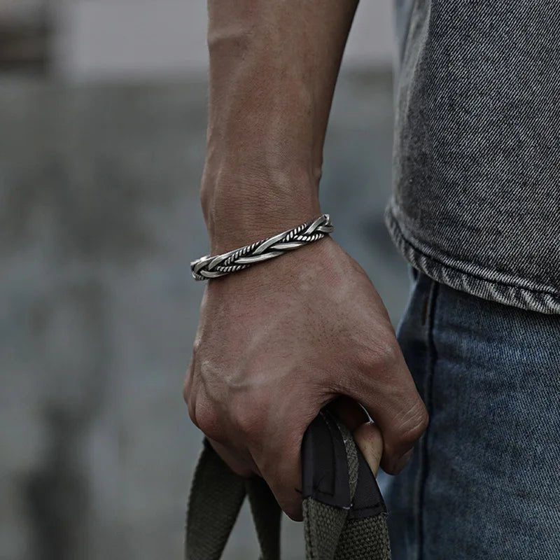 Men's braided sterling silver cuff bracelet. Stylish adjustable men's silver jewelry, perfect for him.